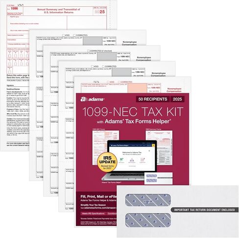 Adams 1099 NEC Forms 2025, 4-Part Kit for 50 Recipients, Inkjet/Laser Printer Compatible, Includes 6 1096 Forms, 50 Self-Seal Security Envelopes, Access to Adams Tax Forms Helper (1017235) in Saudi Arabia