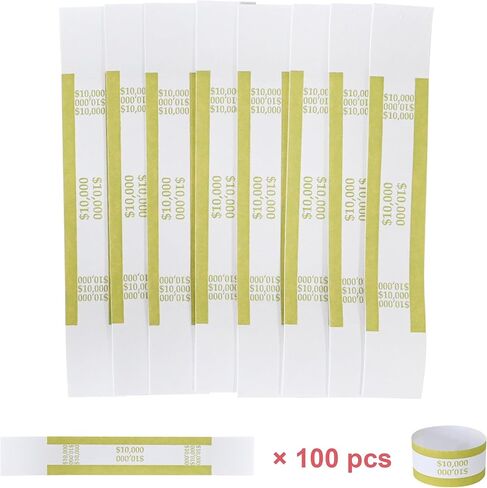 ESSENTIAL 100 Pcs Currency Straps - Bill Wrappers, Money Bands to Organize Bills, ABA Standard Colors, Self-Adhesive, 7.5 x 1.15 Inches ($10000/Gold) in Kuwait