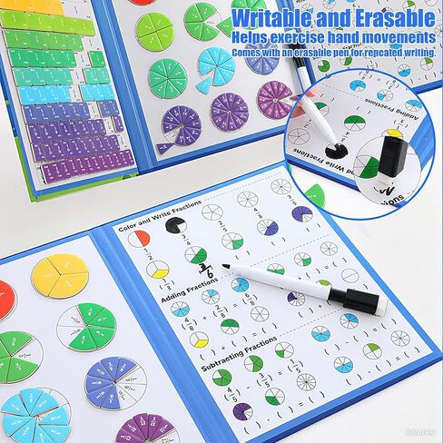 STEM Magnetic Fraction Demonstration Book for Kids with 152 Pcs Math Fraction Magnets Tiles and Disc Set Educational Math Learning Manipulatives Set in Kuwait
