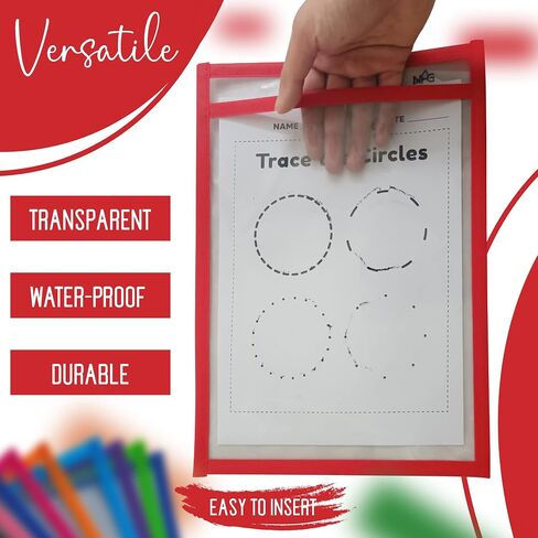 30 Packs Oversized Dry Erase Pockets Sleeves - 10 Assorted Colors with 2 Binder Rings - Dry Erase Sheets Reusable - 10x14 Ticket Holders - Clear Plastic Sheet Protectors for Classroom Teacher Supplies in Saudi Arabia
