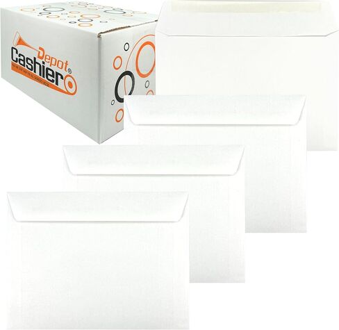 500 Cashier Depot - 6" x 9" Booklet Envelopes, 24 lb White Wove Paper, Gummed Flap, Open Side, 500 Count, Made in USA in Saudi Arabia