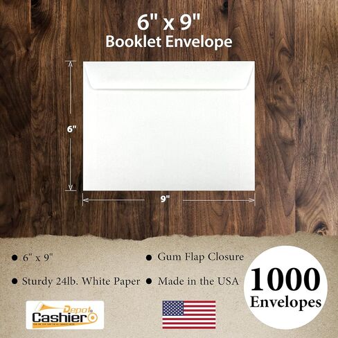 500 Cashier Depot - 6" x 9" Booklet Envelopes, 24 lb White Wove Paper, Gummed Flap, Open Side, 500 Count, Made in USA in Saudi Arabia