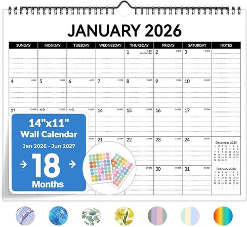 التقويم 2026-2027، تقويم حائط فورفينسر من يونيو 2026 إلى ديسمبر 2027، تقاويم مخططة شهرية كبيرة مقاس 14 بوصة × 11 بوصة مع قسم الملاحظات والملصقات اللطيفة، كتلة مسطرة، ربط حلزوني معلق للمكتب المنزلي in Kuwait