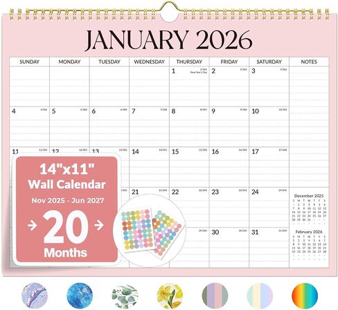 التقويم 2026-2027، تقويم حائط فورفينسر من يونيو 2026 إلى ديسمبر 2027، تقاويم مخططة شهرية كبيرة مقاس 14 بوصة × 11 بوصة مع قسم الملاحظات والملصقات اللطيفة، كتلة مسطرة، ربط حلزوني معلق للمكتب المنزلي in Kuwait