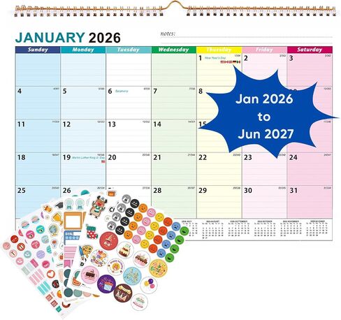 تقويم مكتب 2026-2027، 18 تقويمًا جداريًا كبيرًا شهريًا مع ملصقات من يناير 2026 إلى يونيو 2027، مخطط تقويم مكتبي ملون مقاس 17 بوصة × 12 بوصة لمكتب المدرسة المنزلية، تصميم قابل للتمزيق، كتل يومية in Kuwait
