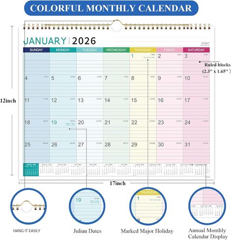 تقويم مكتب 2026-2027، 18 تقويمًا جداريًا كبيرًا شهريًا مع ملصقات من يناير 2026 إلى يونيو 2027، مخطط تقويم مكتبي ملون مقاس 17 بوصة × 12 بوصة لمكتب المدرسة المنزلية، تصميم قابل للتمزيق، كتل يومية in Kuwait