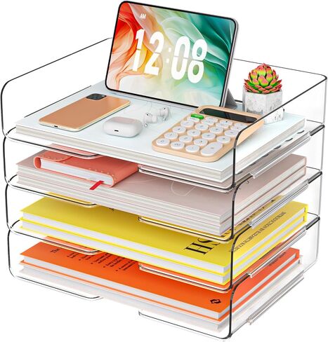 YKLSLH 4 Trays Paper Organizer Letter Tray - Acrylic Desk File Organizer, Stackable Clear Paper Holder Sorter Office Organizer for Letter/A4, Office File Ipad Books Notes Etc in Saudi Arabia