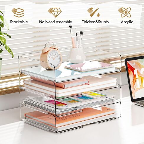 YKLSLH 4 Trays Paper Organizer Letter Tray - Acrylic Desk File Organizer, Stackable Clear Paper Holder Sorter Office Organizer for Letter/A4, Office File Ipad Books Notes Etc in Saudi Arabia