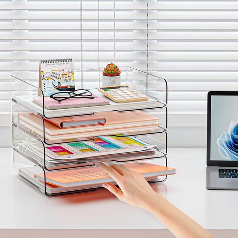 YKLSLH 4 Trays Paper Organizer Letter Tray - Acrylic Desk File Organizer, Stackable Clear Paper Holder Sorter Office Organizer for Letter/A4, Office File Ipad Books Notes Etc in Saudi Arabia