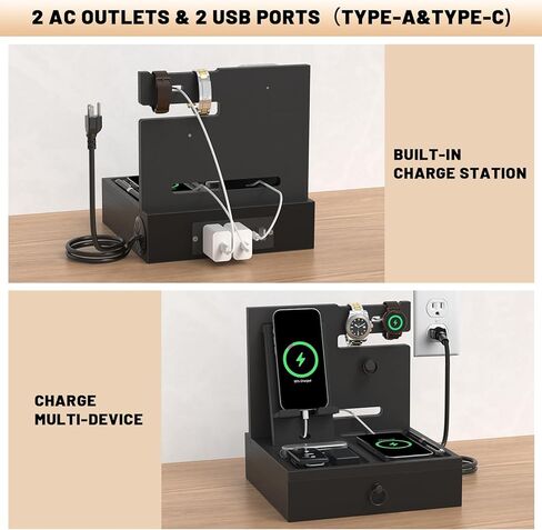 قاعدة شحن خشبية للهاتف مع منافذ ومنافذ USB، منظم منضدة مع قاعدة شحن، منظم بجانب السرير مع درج للساعة والإكسسوارات، هدايا عيد الميلاد للرجال in Kuwait