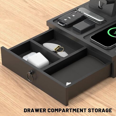 قاعدة شحن خشبية للهاتف مع منافذ ومنافذ USB، منظم منضدة مع قاعدة شحن، منظم بجانب السرير مع درج للساعة والإكسسوارات، هدايا عيد الميلاد للرجال in Kuwait