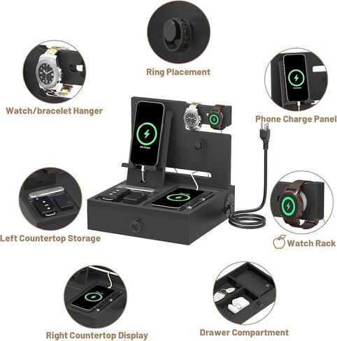 قاعدة شحن خشبية للهاتف مع منافذ ومنافذ USB، منظم منضدة مع قاعدة شحن، منظم بجانب السرير مع درج للساعة والإكسسوارات، هدايا عيد الميلاد للرجال in Kuwait