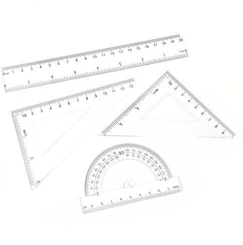 Student Geometry Ruler Set 20cm - 4 PCS Transparent Math Tools (Straight Ruler+2 Triangles+Protractor) - Durable Plastic School Supplies for Classroom in Saudi Arabia