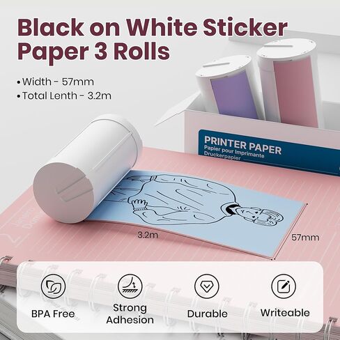 ملصقات طابعة حرارية أصلية ذاتية اللصق، متوافقة مع طابعة الملصقات الصغيرة PM290C، أسود على أبيض، ورق ملصقات مقاس 54 مم × 3.2 م للمجلة والدراسة والصور والملاحظات، 3 لفات، أبيض in Kuwait