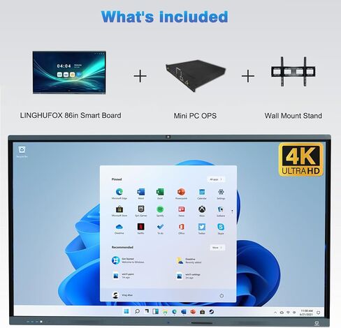 سبورة ذكية، سبورة بيضاء تفاعلية مقاس 86 بوصة مع نظام التشغيل Windows 11 Pro 13th i7 16+512G وAndroid 13، وكاميرا AI مدمجة و8 ميكروفونات - لوحة ذكية تعمل باللمس بدقة 4K للمكتب والمدرسة in Kuwait
