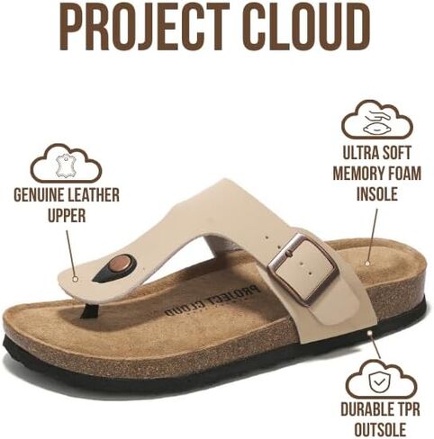 Project Cloud صنادل ثونغ من الجلد الطبيعي 100% أحذية نسائية - صنادل نسائية بنعل ميموري فوم - شباشب نسائية غير قابلة للانزلاق - صنادل خفيفة الوزن للنساء 2026 in Saudi Arabia
