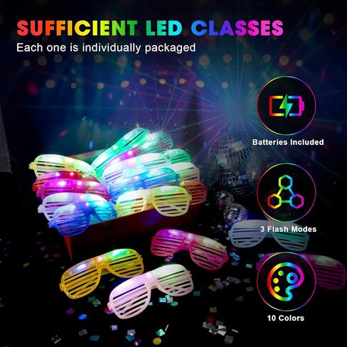 102 قطعة نظارات LED مضيئة حتى متوهجة نظارات 6 ألوان نيون ليد حزب النظارات الشمسية LED توهج البلاستيك مصراع الستائر نظارات رافية نيون وامضة نظارات للبالغين والأطفال عيد ميلاد نيون حفلة هدايا in Kuwait