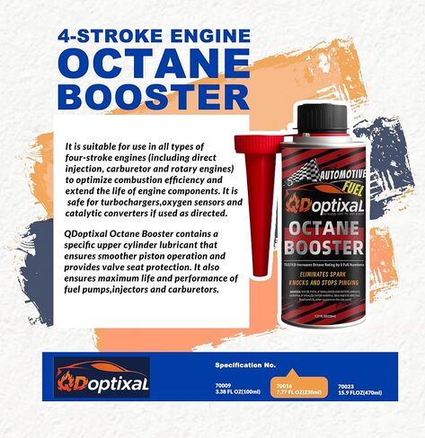 QDoptixal Premium Octane Booster - تعزيز 3 نقاط أوكتان | لخزانات الوقود سعة 5 إلى 42 جالون | زجاجات 3.4، 7.8، 15.9 أونصة سائلة | للسيارات والشاحنات والدراجات النارية والقوارب (3.38 أونصة) in Saudi Arabia
