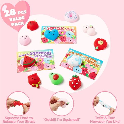 JOYIN 28 حزمة من بطاقات هدايا عيد الحب مع Mochis، ألعاب موتشي الإسفنجية المتوهجة في الظلام، ألعاب تململ لتخفيف التوتر للأطفال في تبادل الفصول الدراسية في عيد الحب، هدايا الحفلات، جوائز المدرسة in Saudi Arabia