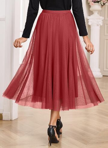 Happy Sailed Womens Tulle Skirt Fall Fashion Elastic High Waisted A-Line Layered Flowy Long Tutu Skirts Date Night Outfits in Saudi Arabia