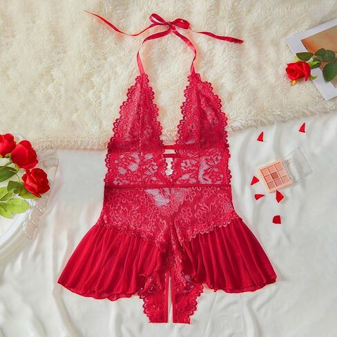 Sexy Lingerie for Women Lace Bodysuit One Piece Teddy Mini Babydoll Mesh Sleepwear V Neck Chemise Nightgowns in Saudi Arabia