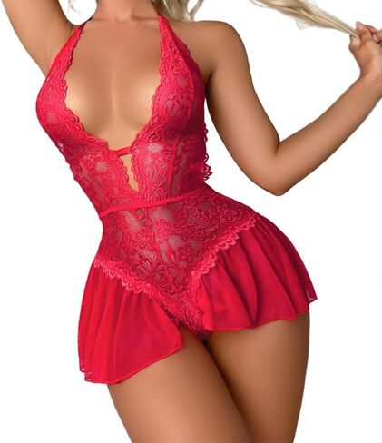Sexy Lingerie for Women Lace Bodysuit One Piece Teddy Mini Babydoll Mesh Sleepwear V Neck Chemise Nightgowns in Saudi Arabia