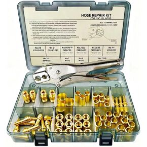 طقم إصلاح خرطوم 58 قطعة، 1/4 معرف. طقم إصلاح خرطوم الشعلة، أداة تجعيد خرطوم الهواء لخراطيم الهواء/خراطيم الشعلة/خراطيم الأكسجين الأسيتيلين، تتضمن التركيبات/أداة العقص/الحلقات/المقرنات/الأقواس/الحلمات/المكسرات وما إلى ذلك in Kuwait