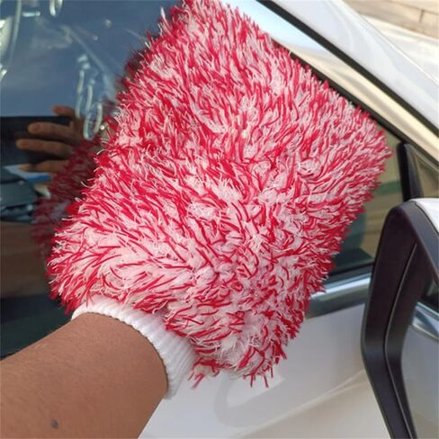 Microfiber Car Washing Sponge Glove Soft Plush Sponge High Absorbent Quick Drying Car Gloves Auto Home Cleaning Accessories (Red White) in Saudi Arabia