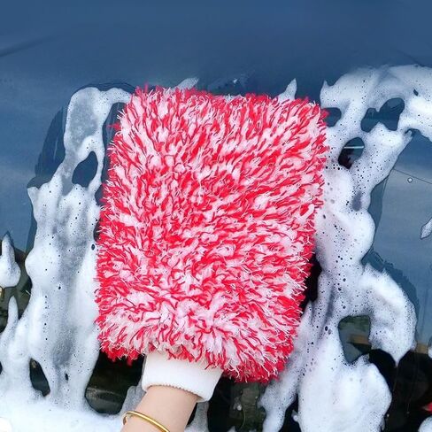 Microfiber Car Washing Sponge Glove Soft Plush Sponge High Absorbent Quick Drying Car Gloves Auto Home Cleaning Accessories (Red White) in Saudi Arabia