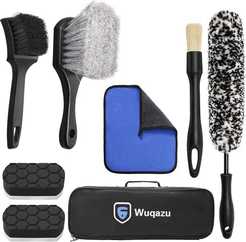 8-Piece Wheel & Tire Cleaning Kit - 360° Flexible Synthetic Wool Rim Brush, 2 Dual-Hardness Tire Brushes, Boar Hair Detail Brush & Storage Bag | Scratch-Free for All Vehicles in Saudi Arabia