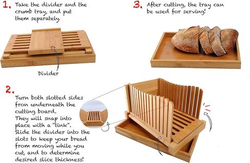 Bamboo Bread Slicer with Crumb Tray Bamboo Bread Cutter for Homemade Bread, Loaf Cakes, Bagels Slicer, 3 Slice Sizes, Adjustable, Compact, Foldable by Kitchen Seven in Saudi Arabia