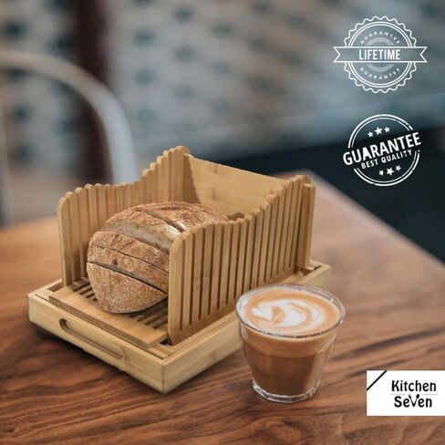 Bamboo Bread Slicer with Crumb Tray Bamboo Bread Cutter for Homemade Bread, Loaf Cakes, Bagels Slicer, 3 Slice Sizes, Adjustable, Compact, Foldable by Kitchen Seven in Saudi Arabia