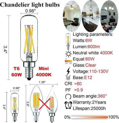LiteHistory E12 LED لمبة 6W مصابيح شمعدان مكافئة 60 واط أبيض محايد 4000K AC120V 600LM عكس الضوء T6 T25 للثريات ومروحة السقف وشمعدانات الحائط حزمة من 6 in Kuwait