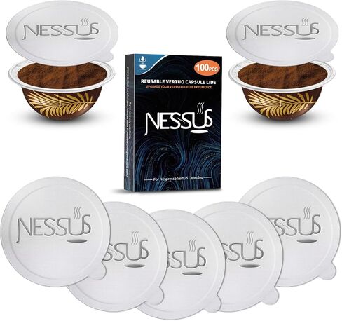 Nessus Reusable Vertuo Capsule Kit, [ALSeal EZ FIT] for Reusable Nespresso Pods with 100 Pcs Aluminum Foil Seal Lids, Holder, Brush, for Refilling Nespresso Vertuo Pods Reusable Vertuoline Pod in Kuwait