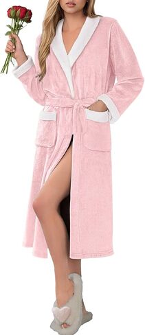 Ekouaer Robes for Women Soft Long Bathrobe Lightweight Fleece Shawl Collar Spa Robe Cozy Sleepwear with Pockets S-XXL in Kuwait