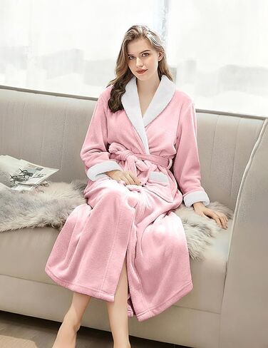 Ekouaer Robes for Women Soft Long Bathrobe Lightweight Fleece Shawl Collar Spa Robe Cozy Sleepwear with Pockets S-XXL in Kuwait