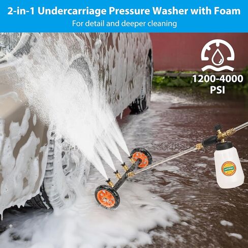2-in-1 16' Undercarriage Pressure Washer Water Broom, 4000PSI Under Car Pressure Washer Attachment with 3 Pieces Extension Wand & Hub Brusher, Surface Cleaner (without Bottle& Replaceable Nozzle) in Saudi Arabia