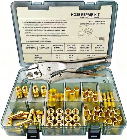 طقم إصلاح خرطوم 58 قطعة، 1/4 معرف. طقم إصلاح خرطوم الشعلة، أداة تجعيد خرطوم الهواء لخراطيم الهواء/خراطيم الشعلة/خراطيم الأكسجين الأسيتيلين، تتضمن التركيبات/أداة العقص/الحلقات/المقرنات/الأقواس/الحلمات/المكسرات وما إلى ذلك in Kuwait