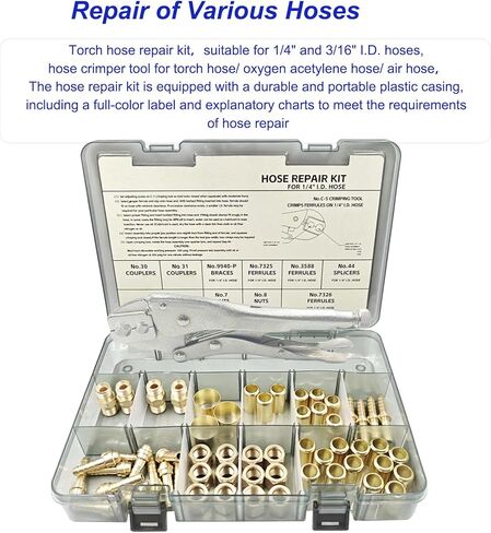 طقم إصلاح خرطوم 58 قطعة، 1/4 معرف. طقم إصلاح خرطوم الشعلة، أداة تجعيد خرطوم الهواء لخراطيم الهواء/خراطيم الشعلة/خراطيم الأكسجين الأسيتيلين، تتضمن التركيبات/أداة العقص/الحلقات/المقرنات/الأقواس/الحلمات/المكسرات وما إلى ذلك in Kuwait