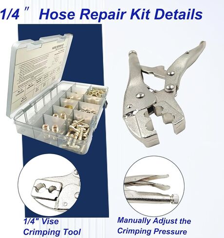 طقم إصلاح خرطوم 58 قطعة، 1/4 معرف. طقم إصلاح خرطوم الشعلة، أداة تجعيد خرطوم الهواء لخراطيم الهواء/خراطيم الشعلة/خراطيم الأكسجين الأسيتيلين، تتضمن التركيبات/أداة العقص/الحلقات/المقرنات/الأقواس/الحلمات/المكسرات وما إلى ذلك in Kuwait