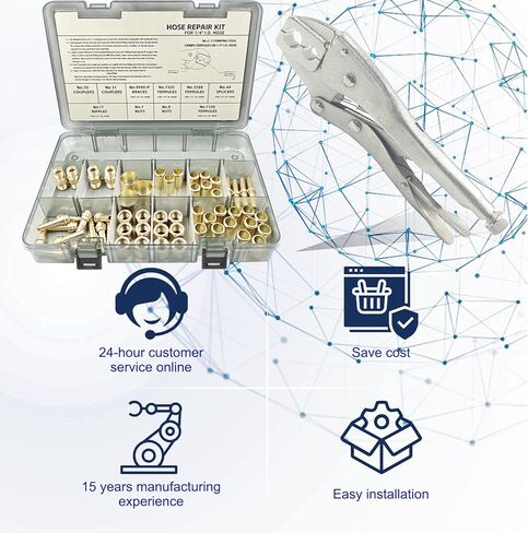 طقم إصلاح خرطوم 58 قطعة، 1/4 معرف. طقم إصلاح خرطوم الشعلة، أداة تجعيد خرطوم الهواء لخراطيم الهواء/خراطيم الشعلة/خراطيم الأكسجين الأسيتيلين، تتضمن التركيبات/أداة العقص/الحلقات/المقرنات/الأقواس/الحلمات/المكسرات وما إلى ذلك in Kuwait