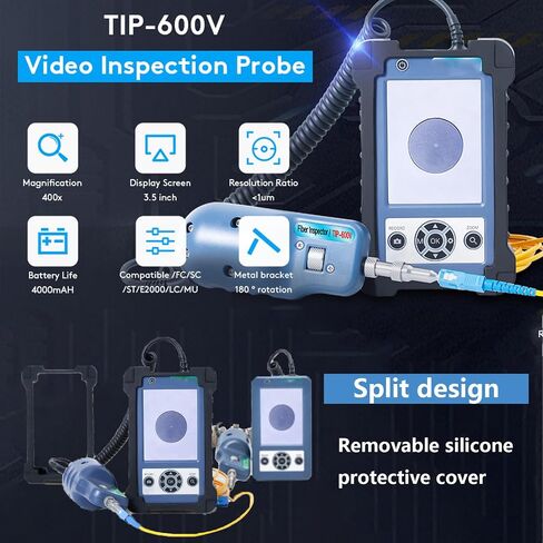 TIP-600V مسبار فحص الألياف الضوئية - جهاز اختبار مجهر 500X مع شاشة عرض، طقم فحص الألياف البصرية العالمي لتنظيف الألياف LC، SC، 1.25 مم و2.5 مم in Saudi Arabia