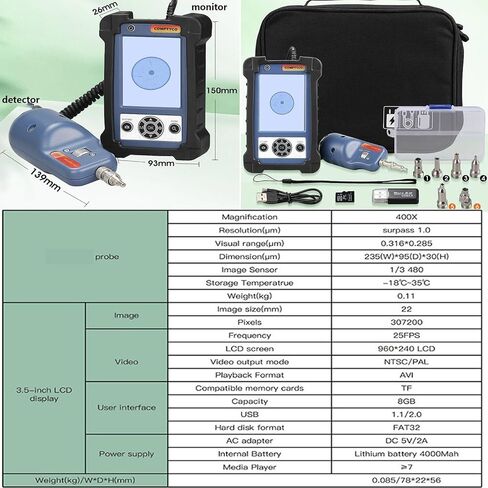 TIP-600V مسبار فحص الألياف الضوئية - جهاز اختبار مجهر 500X مع شاشة عرض، طقم فحص الألياف البصرية العالمي لتنظيف الألياف LC، SC، 1.25 مم و2.5 مم in Saudi Arabia