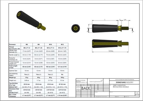 DONGYANG Ind. Co.، عجلة يدوية بمقبض دوار مع جذع ذكر M10 * P1.5-100mm لجميع الآلات تقريبًا. مع صامولة التثبيت المتضمنة in Kuwait