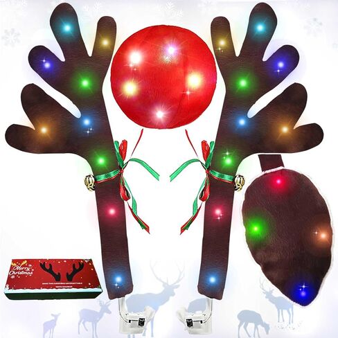 Reindeer Antlers for Cars, LED 2025 Christmas Car Decorations Kit with Jingle Bells, Nose, Tail, Multicolor Light-Up Rudolph Xmas Decor for SUV, Van, Truck in Saudi Arabia