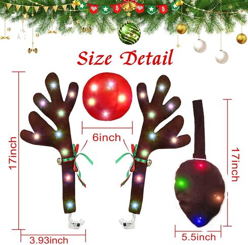 Reindeer Antlers for Cars, LED 2025 Christmas Car Decorations Kit with Jingle Bells, Nose, Tail, Multicolor Light-Up Rudolph Xmas Decor for SUV, Van, Truck in Saudi Arabia