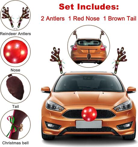 Reindeer Antlers for Cars, LED 2025 Christmas Car Decorations Kit with Jingle Bells, Nose, Tail, Multicolor Light-Up Rudolph Xmas Decor for SUV, Van, Truck in Saudi Arabia