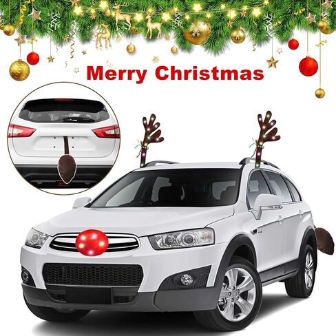 Reindeer Antlers for Cars, LED 2025 Christmas Car Decorations Kit with Jingle Bells, Nose, Tail, Multicolor Light-Up Rudolph Xmas Decor for SUV, Van, Truck in Saudi Arabia