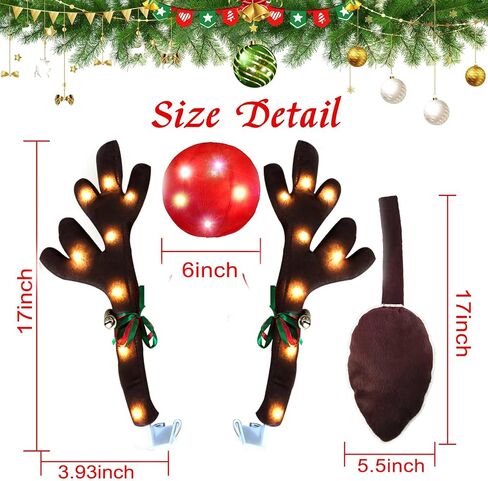 Reindeer Antlers for Cars, LED 2025 Christmas Car Decorations Kit with Jingle Bells, Nose, Tail, Multicolor Light-Up Rudolph Xmas Decor for SUV, Van, Truck in Saudi Arabia