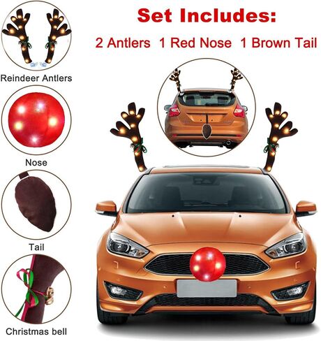 Reindeer Antlers for Cars, LED 2025 Christmas Car Decorations Kit with Jingle Bells, Nose, Tail, Multicolor Light-Up Rudolph Xmas Decor for SUV, Van, Truck in Saudi Arabia